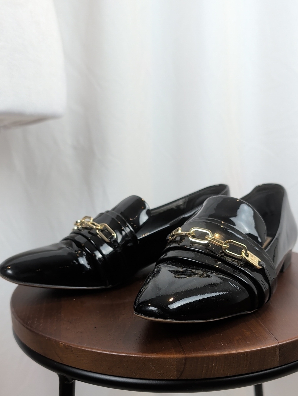 KARL LAGERFELD Nikki Patent Leather Loafers Black Gold Chain Flat Shoes 7 7.5